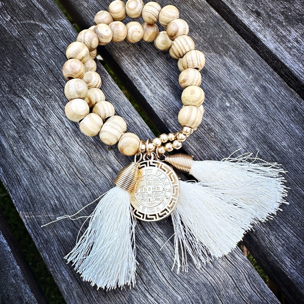Wooden Bead Bracelet with Ivory Tassels and Saint Coin